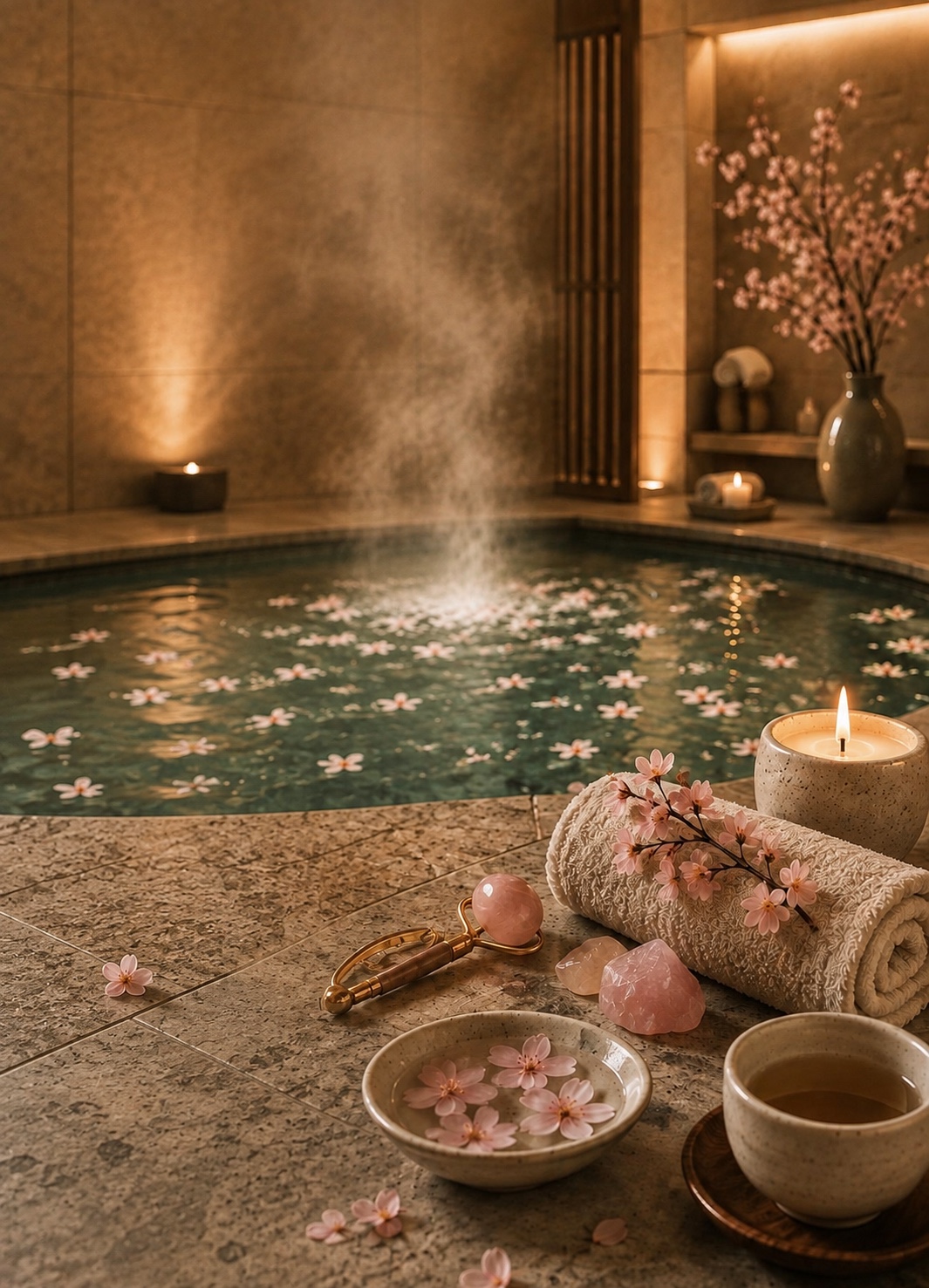 Circuito spa privado con agua, flores de cerezo, vela, toallas, cuarzos e infusión